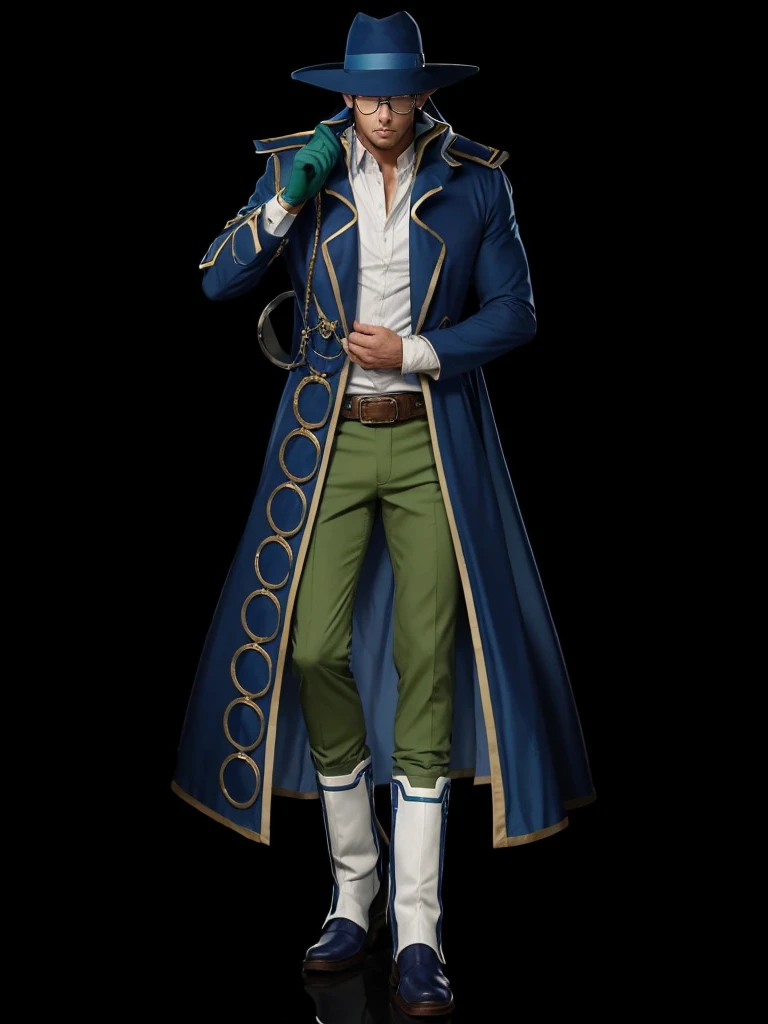 A man with a blue hat, with a blue cape, with green pants, white  shirt, White Boots, is wearing glasses 