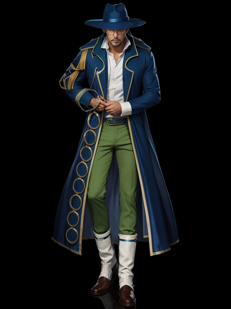 A man with a blue hat, with a blue cape, with green pants, white  shirt, White Boots, is wearing glasses 