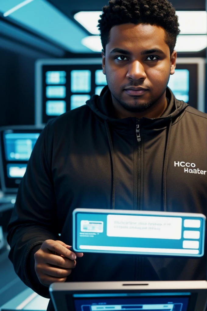 A futuristic photograph of a hacker, with a fat complexion, with brown skin color doing theft in the value system