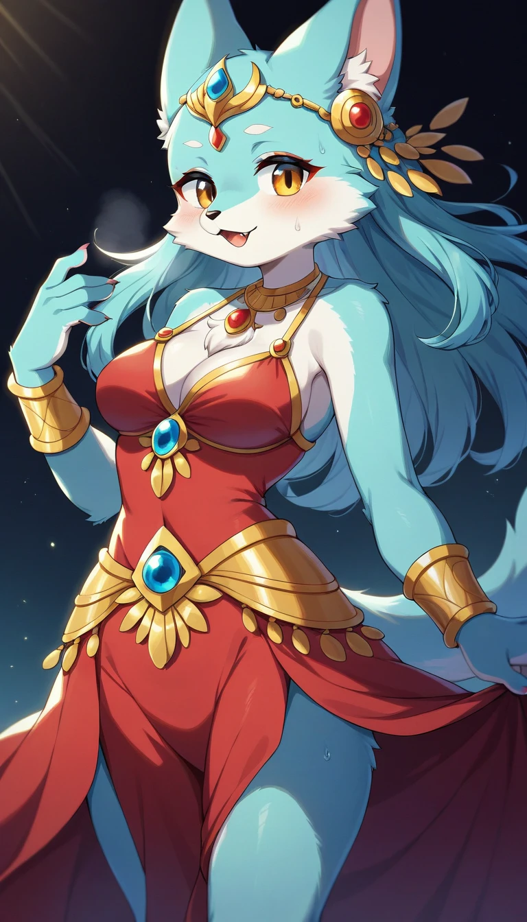 ((Masterpiece)), ((Best Quality)), (Very Detailed), ((Very Detailed)), 4K, (8K), very aesthetic, absurdres highres, 1 girl, (anthropomorphic cat, furry, kemono:1.5), A passionate flamenco dancer in a red dress dances dynamically on the stage, sweating. A strong spotlight shines on the dark background, revealing the silhouettes of the audience. Warm colors and dramatic shadows enhance the dancer's power and tension. The hem of the dress is fluttering and the dancers' expressions are full of concentration and passion