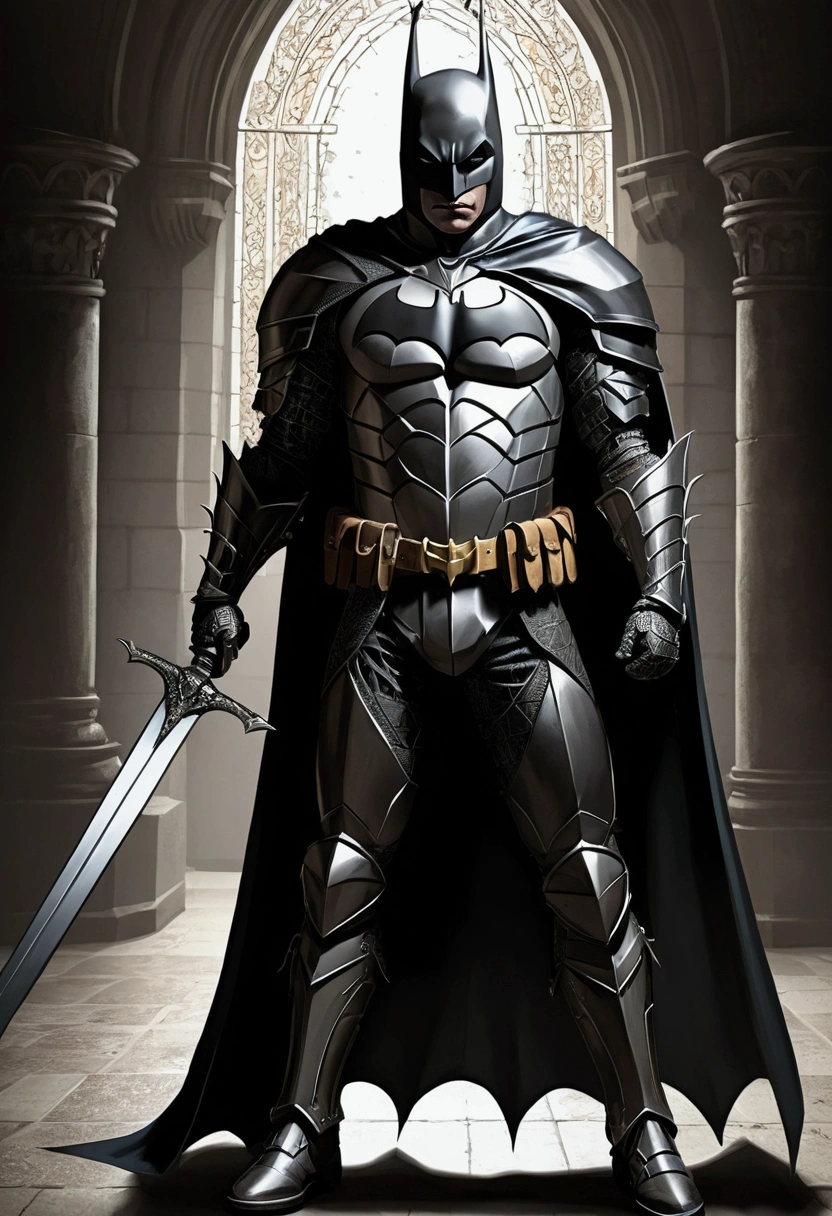 Create a Batman Comic Book style drawing as if you were a medieval knight, with black armor, a silver greatsword and holding a bat-shaped shield. The background should have a Joker wearing jester clothes, Lying on the floor passed out