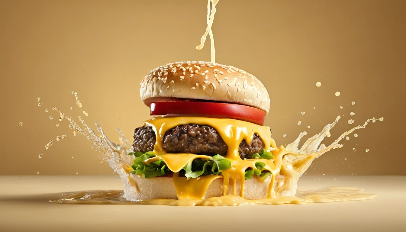 a picture of a cheeseburger, cheese splashing in the elegant cream color background like in a commercial, everything in focus