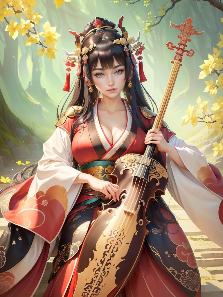 a woman in a kimono outfit playing a cello, a beautiful fantasy empress, japanese goddess, ancient chinese goddess, ancient chinese princess, inspired by Lan Ying, ((a beautiful fantasy empress)), beautiful character painting, inspired by Du Qiong, inspired by Qiu Ying, inspired by Ju Lian, onmyoji portrait, she is holding a long staff, , Highly detailed CG unit 8k wallpaper, masterpiece, High resolution, highest quality, highest quality real texture skin, Super Real, Digital Painting, Best image quality, 最High resolution, 8k, (((Highly detailed eyes and face, Beautiful eyes every detail))), disproportionate breasts, huge breasts, sagging breasts, gigantic breasts, clevage, black hair, smile,