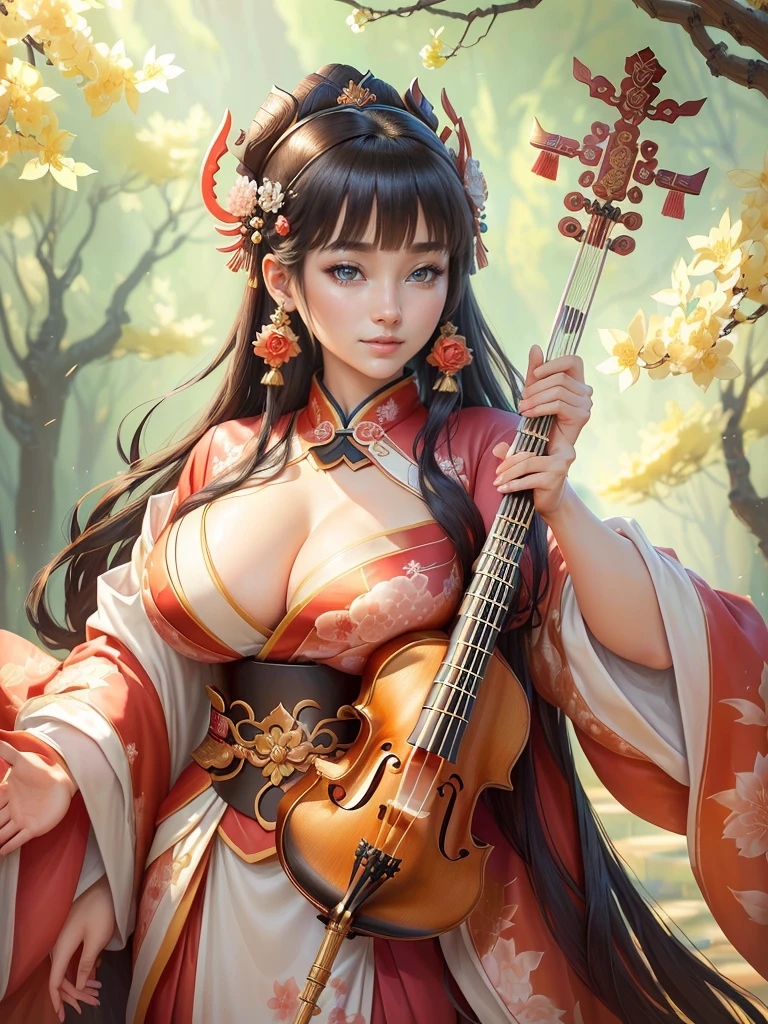 a woman in a kimono outfit playing a cello, a beautiful fantasy empress, japanese goddess, ancient chinese goddess, ancient chinese princess, inspired by Lan Ying, ((a beautiful fantasy empress)), beautiful character painting, inspired by Du Qiong, inspired by Qiu Ying, inspired by Ju Lian, onmyoji portrait, she is holding a long staff, , Highly detailed CG unit 8k wallpaper, masterpiece, High resolution, highest quality, highest quality real texture skin, Super Real, Digital Painting, Best image quality, 最High resolution, 8k, (((Highly detailed eyes and face, Beautiful eyes every detail))), disproportionate breasts, huge breasts, sagging breasts, gigantic breasts, clevage, black hair, smile,