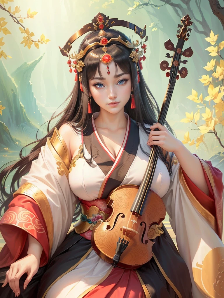 a woman in a kimono outfit playing a cello, a beautiful fantasy empress, japanese goddess, ancient chinese goddess, ancient chinese princess, inspired by Lan Ying, ((a beautiful fantasy empress)), beautiful character painting, inspired by Du Qiong, inspired by Qiu Ying, inspired by Ju Lian, onmyoji portrait, she is holding a long staff, , Highly detailed CG unit 8k wallpaper, masterpiece, High resolution, highest quality, highest quality real texture skin, Super Real, Digital Painting, Best image quality, 最High resolution, 8k, (((Highly detailed eyes and face, Beautiful eyes every detail))), disproportionate breasts, huge breasts, sagging breasts, gigantic breasts, clevage, black hair, smile,