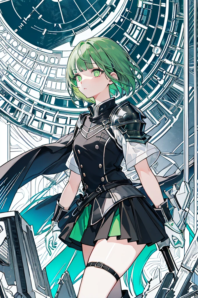 [(with a cathedral background:1.4)::5],original,(shape:1.1),(highest quality),(Tabletop:1.1),(Highly detailed CG Unity 8k wallpaper:1.1), (colorful:0.9),(Mid Shot:0.95),(very detailed beautiful whole body),Dynamic Angle,(alone:1.2), (girl),(((Adult))), (Beautiful eyes in every detail:1.15), (Beautiful Face:1.15), (Glowing green eyes:1.25////),(Gemstone Eyes),(Green Short Hair),(Blunt bangs),((The girl wear a black knight uniform)),Realistic,, girl,Green Hair,((Black long boots)), Black mini skirt,Black knee socks(rage),(Contempt and contempt),rage,(beautiful slender girl),((Adult)),((upper body)),Valkyrie, Decorations,((Thin legs)),((slender girl)),Front Angle,Front Angle,