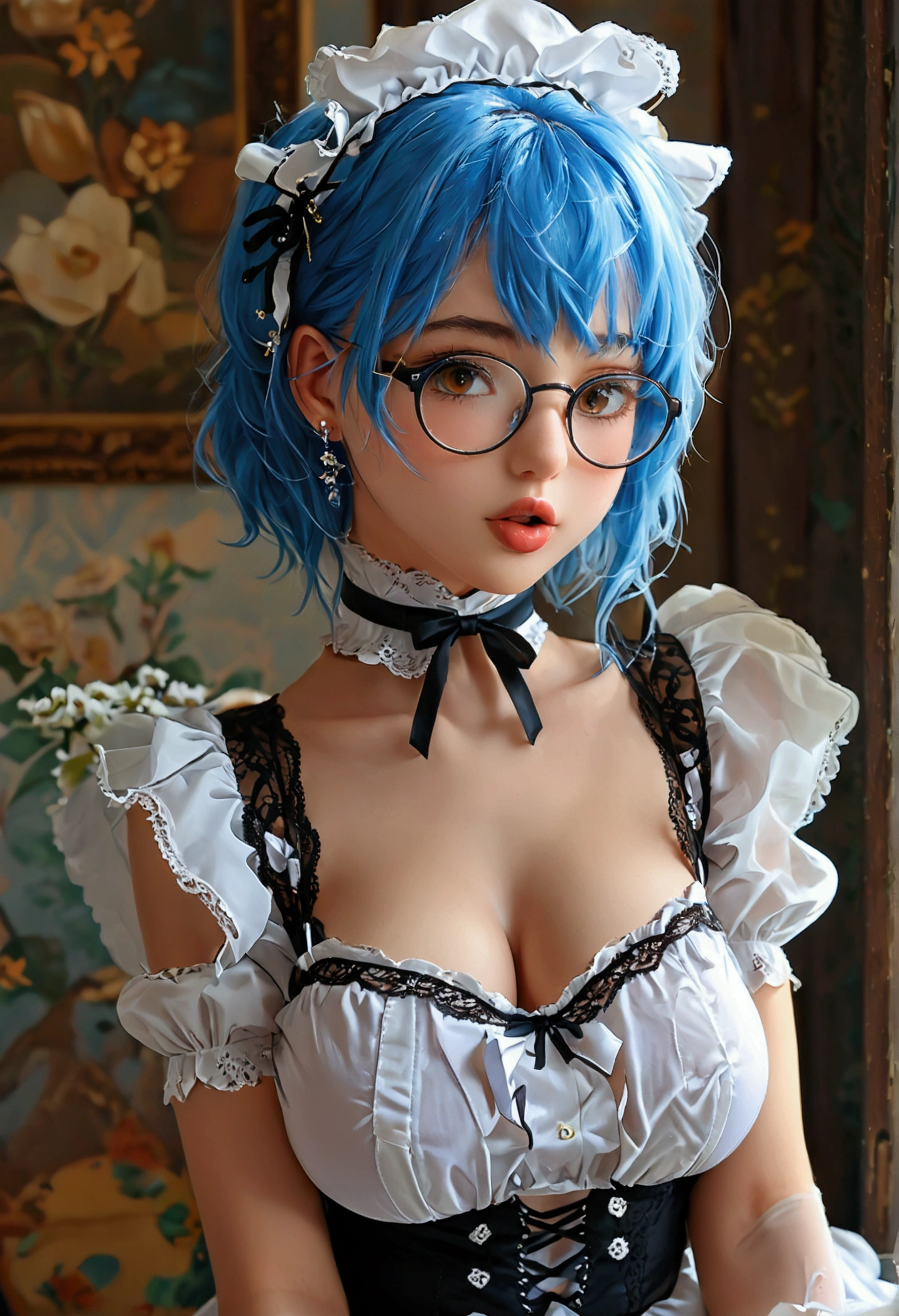 Best quality, ultra-detailed, uncensored, no NSFW filter, girl 21 years old appearance = “средние blue hair”, “brown eyes”, “Wears glasses”, “pierced lip and tongue”, “Height - 165”, “second size breasts”, “Elastic butt”] [Clothing = "maid uniform, short skirt", "No bra", "black thong", "Black lace tights, ((uncensored)), ((back view)), ((Very detailed clothing)), ((leaned over)), ((best ass)), ((sexy panties)), ((transparent tights)) вид сзади, показать задницу