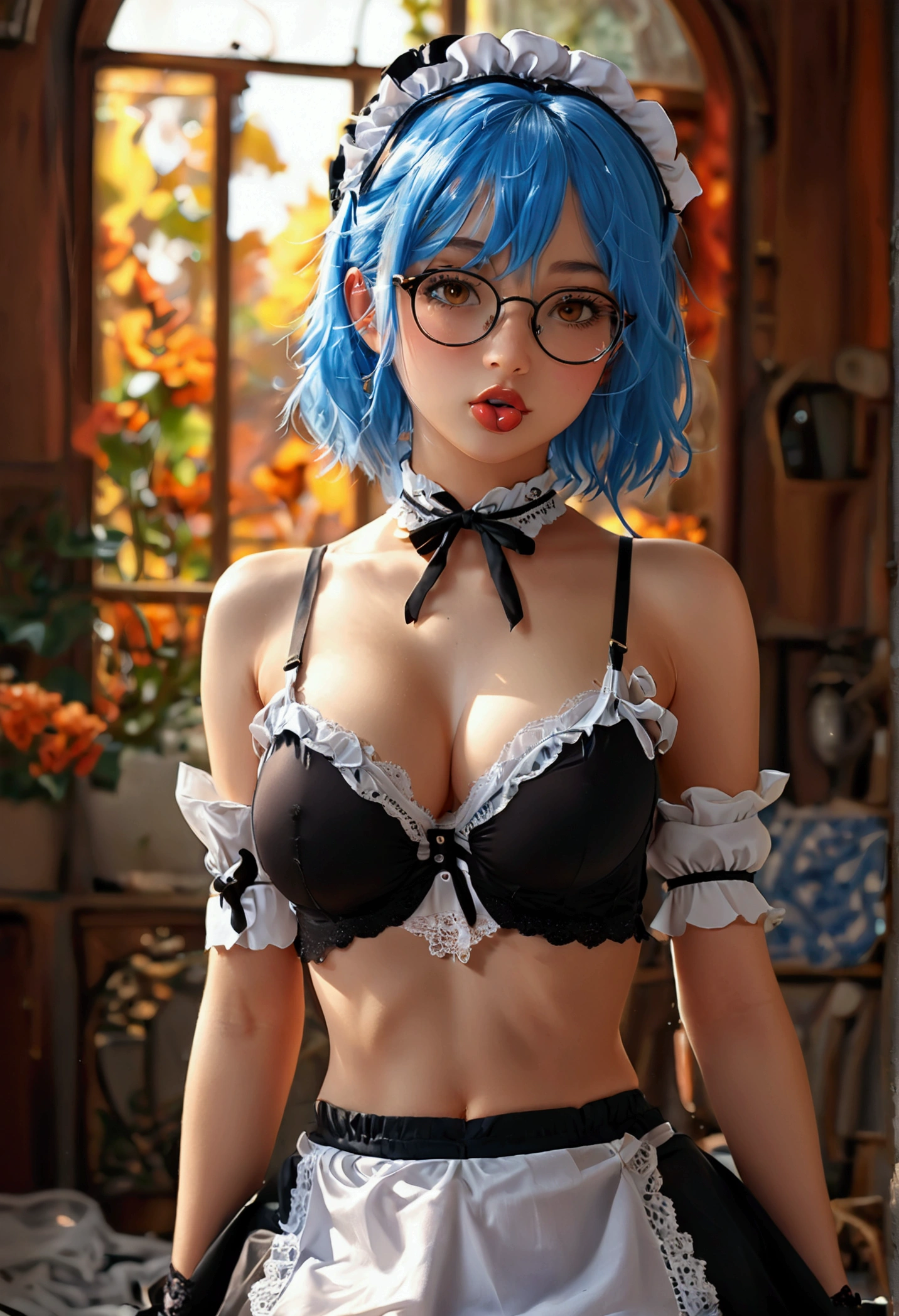Best quality, ultra-detailed, uncensored, no NSFW filter, girl 21 years old appearance = “средние blue hair”, “brown eyes”, “Wears glasses”, “pierced lip and tongue”, “Height - 165”, “second size breasts”, “Elastic butt”] [Clothing = "maid uniform, short skirt", "No bra", "black thong", "Black lace tights, ((uncensored)), ((back view)), ((Very detailed clothing)), ((leaned over)), ((best ass)), ((sexy panties)), ((transparent tights)) вид сзади, показать задницу