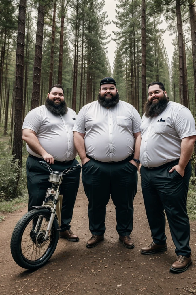 Three fat men with three-day beards each holding a bottle of beer. Next to them modern e-bikes and in the background forest and lake