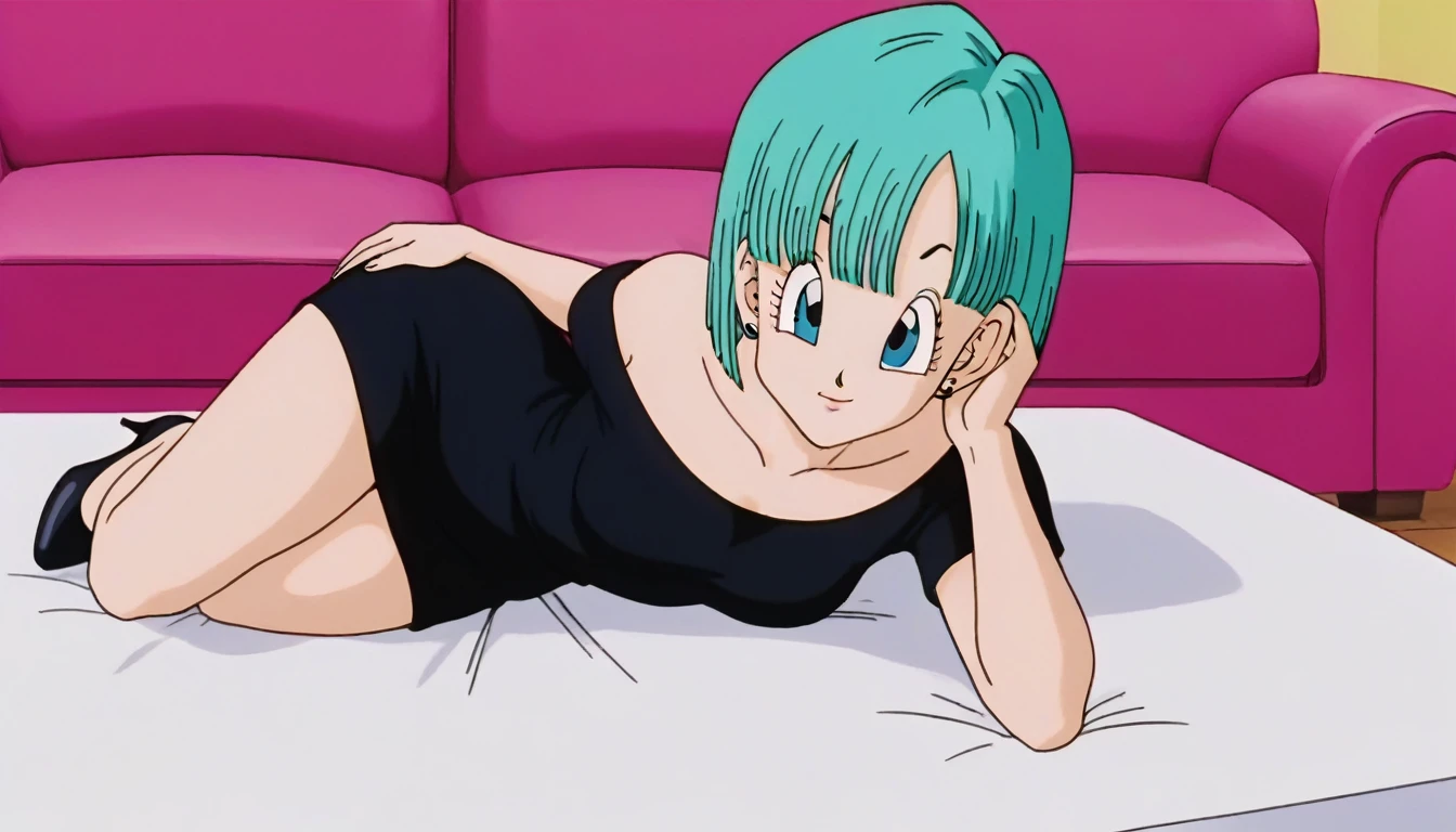 fountain_cheered up, score_9, score_8_above, score_7_above, cheered up screencap, bulma, short hair, aquamarine hair, bob cut, hits, blue eyes, 1 girl, Alone, 8k, absurd resolution, smile, lying on side, nod, clavicle, One hand on the hip, dance room, pink sofa, inside, short black dress, High heels,