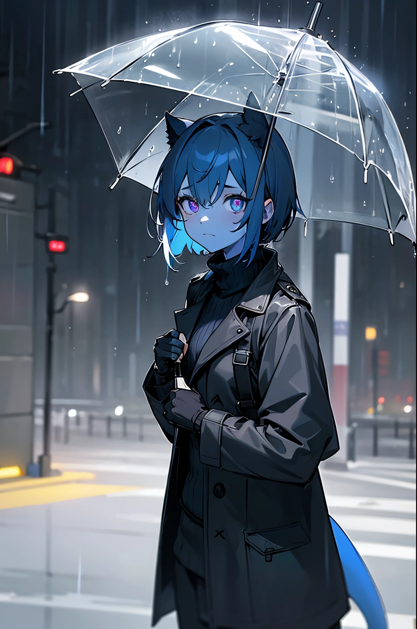 ((1girl, solo)), (blue skin), colored skin, masterpiece, best quality, glowing eyes, Smouldie, short hair, (tail:1.1) black trenchcoat, black sweater, turtleneck sweater, black cargo pants, black gloves, fingerless gloves, outdoors, (night), upper body, (rain, raining), looking at viewer, squinting, frown, city, urban, pavement, dark
