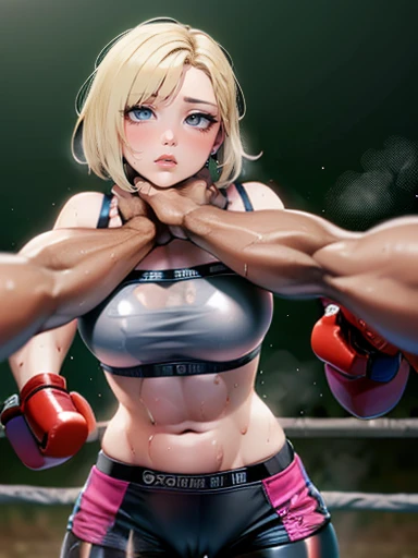 ((viewer chokes mature female boxer girl)), 1st person view, sexy lips, sports bra, ((boxing gloves ,sweat all over the body,(An enthusiastic look),steam,((two womens)),in crotch, eyes rolling,Ripe body,NSFW,female face,standing back, (cum on clothes:1.3), Abs, violence, bruises, wet, oiled skin, asphyxiation, stranging, pov_strangling, leggings