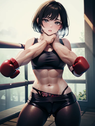 ((viewer chokes mature female boxer girl)), 1st person view, sexy lips, sports bra, ((boxing gloves ,sweat all over the body,(An enthusiastic look),steam,((two womens)),in crotch, eyes rolling,Ripe body,NSFW,female face,standing back, (cum on clothes:1.3), Abs, violence, bruises, wet, oiled skin, asphyxiation, stranging, pov_strangling, leggings