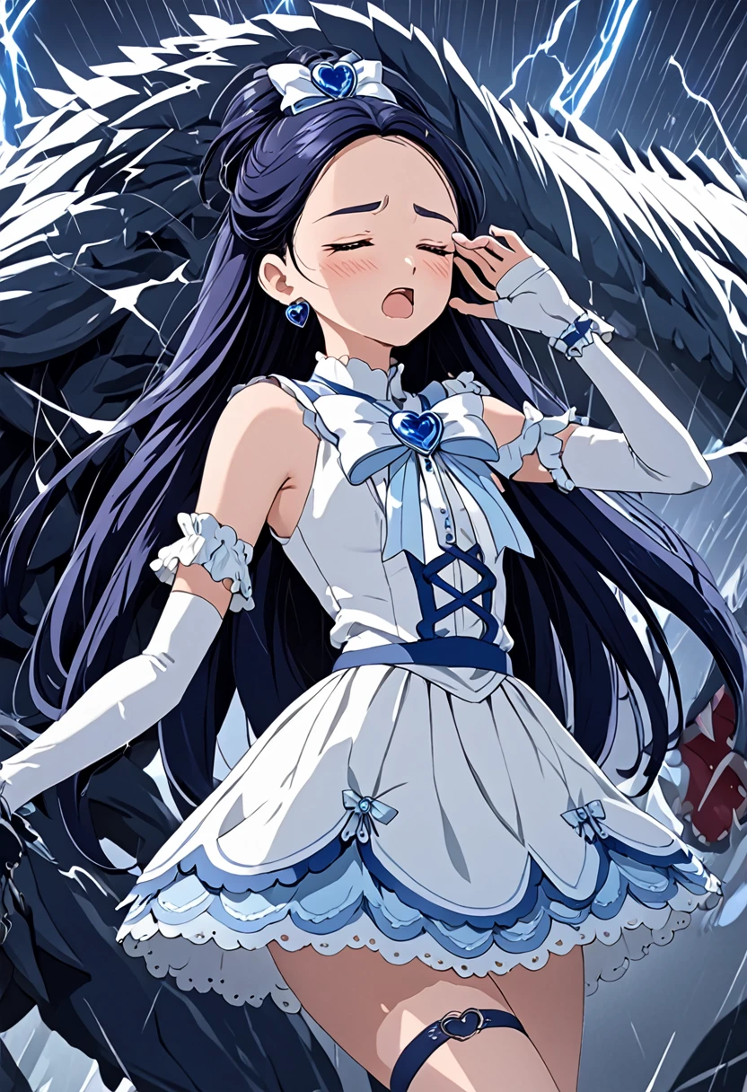 (She is suffering from being bitten on the arm by a monster:1.8)、Cure White,hair ribbon,Chest ribbon,big ribbon, mini skirt, white choker, thigh straps, elbow gloves, heart brooch,Heart Earrings,detailed hair and outfit, long flowing dark blue hair, white and blue frilly dress, white gloves and boots, blushing, feeling pain, suffering from arm being bitten by enemy, dynamic and intense scene, background with sound waves, eyes closed, masterpiece, best quality, highly detailed background, perfect lighting, (beautiful, best quality: 1.1), masterpiece, perfect eyes, (beautiful), (erotic: 1.2)