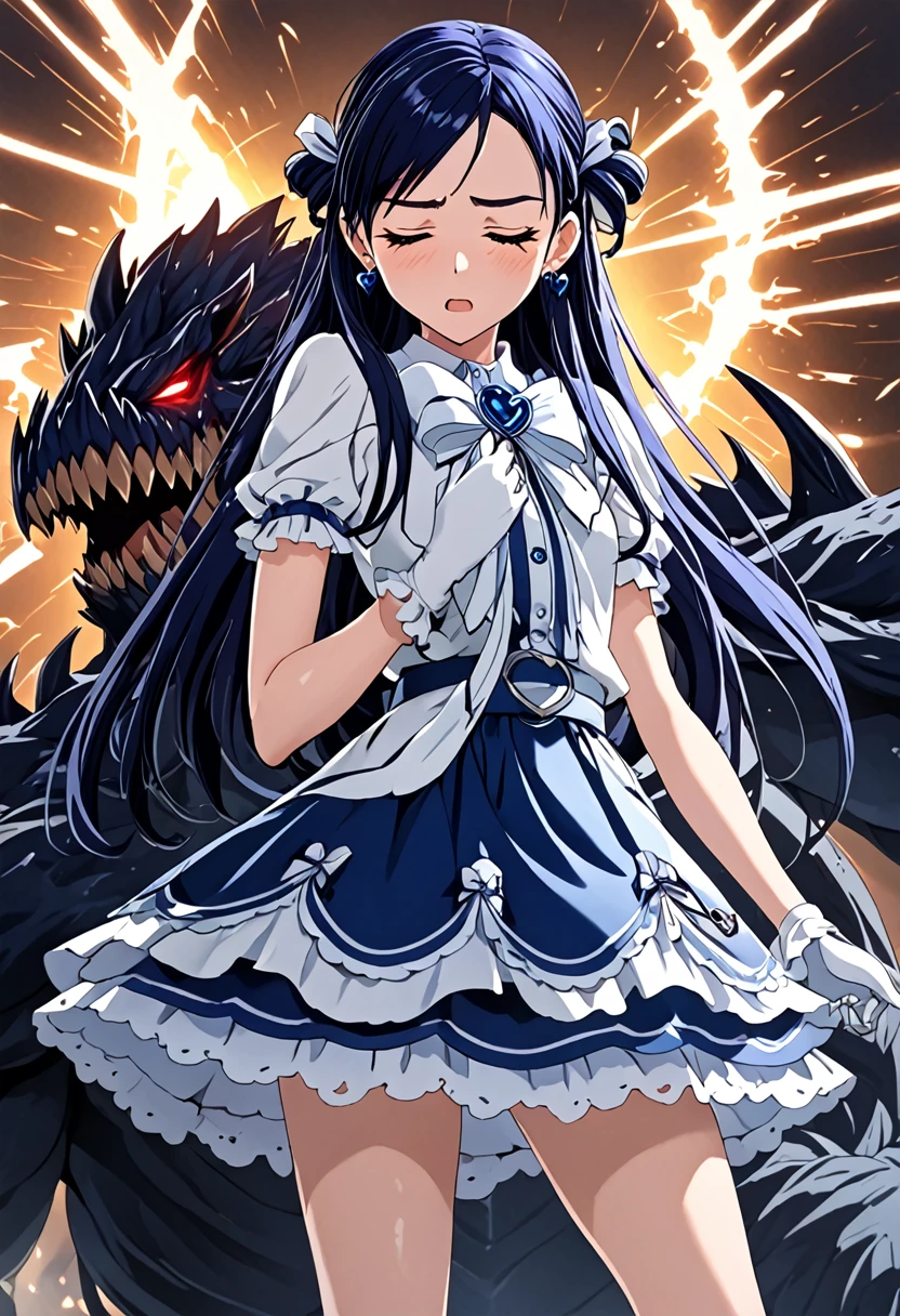 (She is suffering from being bitten on the arm by a monster:1.8)、Cure White,hair ribbon,Chest ribbon,big ribbon, mini skirt, white choker, thigh straps, elbow gloves, heart brooch,Heart Earrings,detailed hair and outfit, long flowing dark blue hair, white and blue frilly dress, white gloves and boots, blushing, feeling pain, suffering from arm being bitten by enemy, dynamic and intense scene, background with sound waves, eyes closed, masterpiece, best quality, highly detailed background, perfect lighting, (beautiful, best quality: 1.1), masterpiece, perfect eyes, (beautiful), (erotic: 1.2)