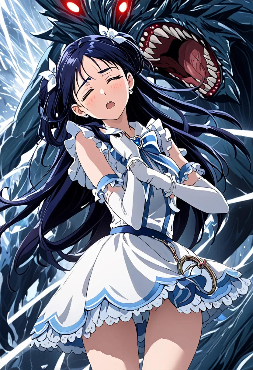 (She is suffering from being bitten on the arm by a monster:1.8)、Cure White,hair ribbon,Chest ribbon,big ribbon, mini skirt, white choker, thigh straps, elbow gloves, heart brooch,Heart Earrings,detailed hair and outfit, long flowing dark blue hair, white and blue frilly dress, white gloves and boots, blushing, feeling pain, suffering from arm being bitten by enemy, dynamic and intense scene, background with sound waves, eyes closed, masterpiece, best quality, highly detailed background, perfect lighting, (beautiful, best quality: 1.1), masterpiece, perfect eyes, (beautiful), (erotic: 1.2)