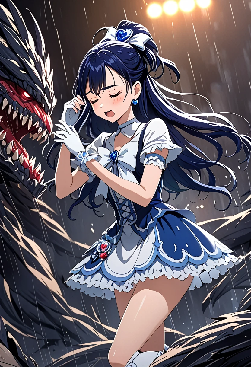 (She is suffering from being bitten on the arm by a monster:1.8)、Cure White,hair ribbon,Chest ribbon,big ribbon, mini skirt, white choker, thigh straps, elbow gloves, heart brooch,Heart Earrings,detailed hair and outfit, long flowing dark blue hair, white and blue frilly dress, white gloves and boots, blushing, feeling pain, suffering from arm being bitten by enemy, dynamic and intense scene, background with sound waves, eyes closed, masterpiece, best quality, highly detailed background, perfect lighting, (beautiful, best quality: 1.1), masterpiece, perfect eyes, (beautiful), (erotic: 1.2)