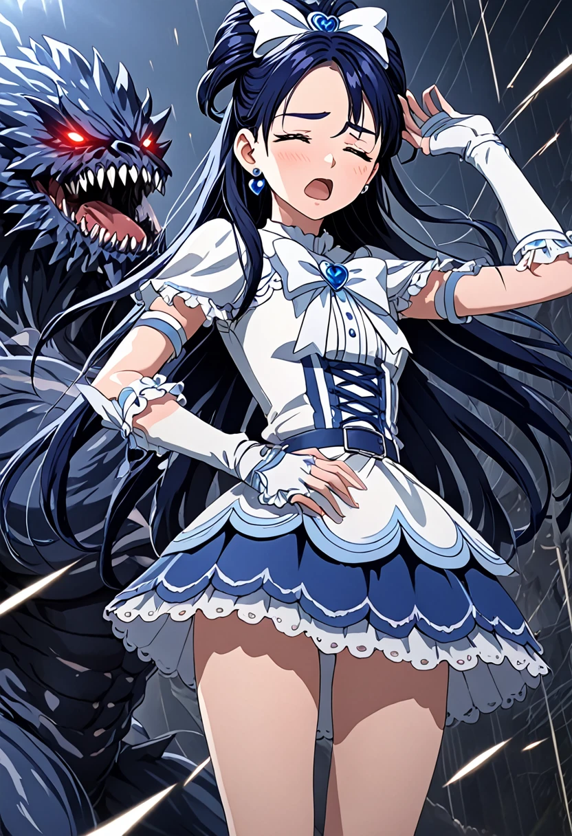 (She is suffering from being bitten on the arm by a monster:1.8)、Cure White,hair ribbon,Chest ribbon,big ribbon, mini skirt, white choker, thigh straps, elbow gloves, heart brooch,Heart Earrings,detailed hair and outfit, long flowing dark blue hair, white and blue frilly dress, white gloves and boots, blushing, feeling pain, suffering from arm being bitten by enemy, dynamic and intense scene, background with sound waves, eyes closed, masterpiece, best quality, highly detailed background, perfect lighting, (beautiful, best quality: 1.1), masterpiece, perfect eyes, (beautiful), (erotic: 1.2)
