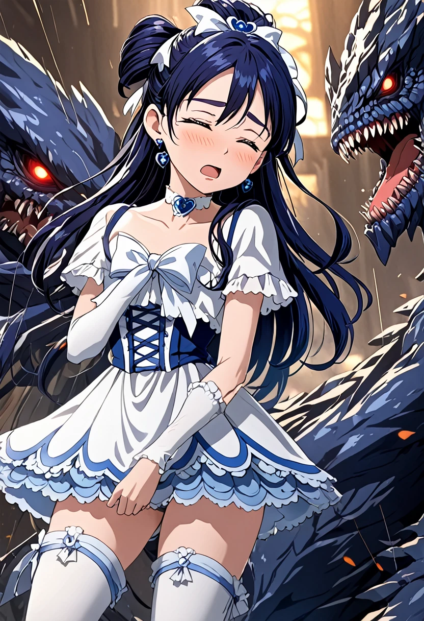 (She is suffering from being bitten on the arm by a monster:1.8)、Cure White,hair ribbon,Chest ribbon,big ribbon, mini skirt, white choker, thigh straps, elbow gloves, heart brooch,Heart Earrings,detailed hair and outfit, long flowing dark blue hair, white and blue frilly dress, white gloves and boots, blushing, feeling pain, suffering from arm being bitten by enemy, dynamic and intense scene, background with sound waves, eyes closed, masterpiece, best quality, highly detailed background, perfect lighting, (beautiful, best quality: 1.1), masterpiece, perfect eyes, (beautiful), (erotic: 1.2)