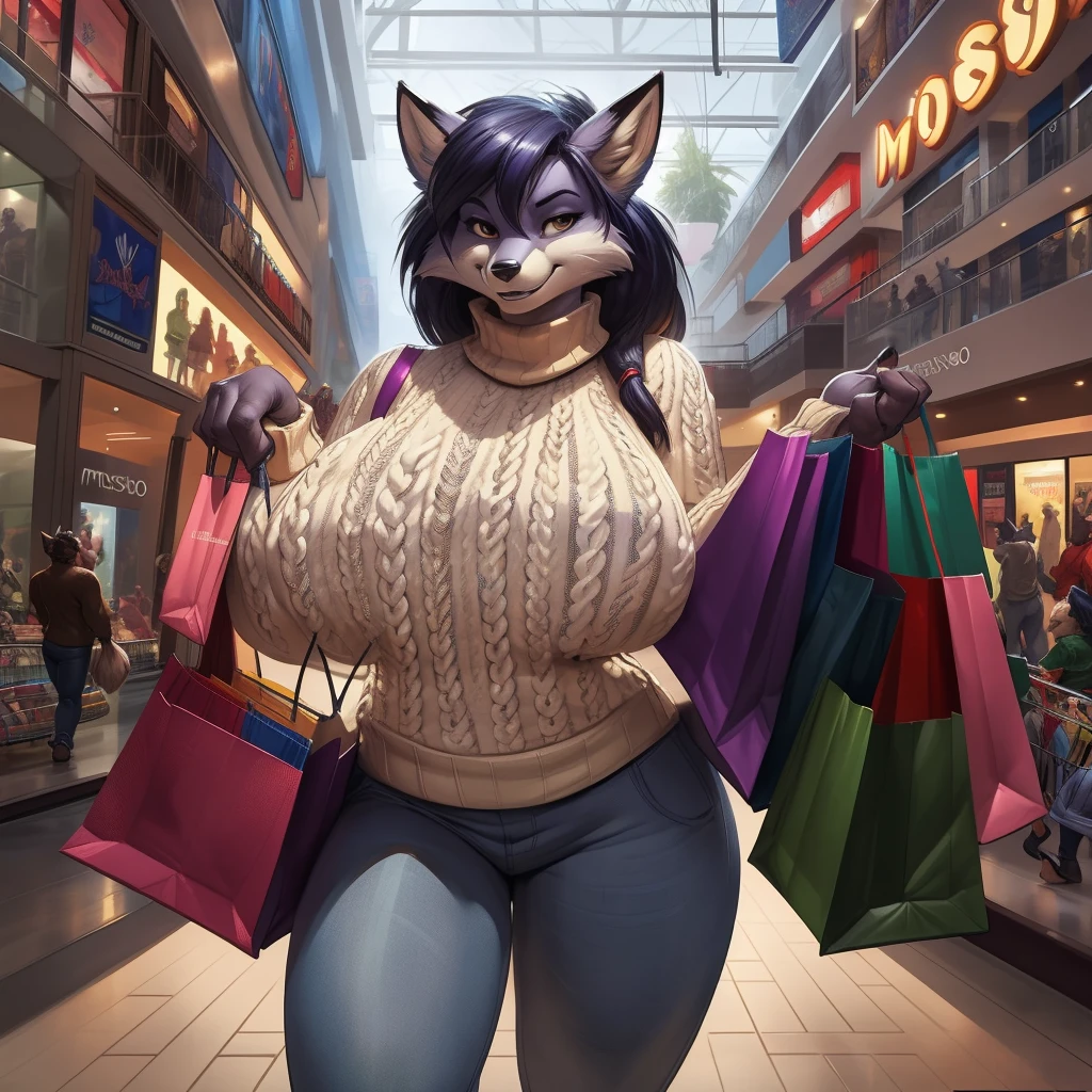  high resolution, (masterpiece: 1.4), (60 years old fox woman),high detail eyes,(sweater and jeans:1.2),(shopping mall:1.2),detailed backround, (large breasts:1.2), by darkgem, by kevinsano, 