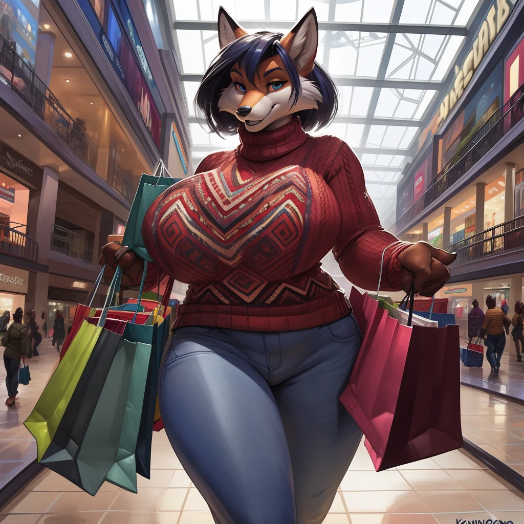  high resolution, (masterpiece: 1.4), (60 years old fox woman),high detail eyes,(sweater and jeans:1.2),(shopping mall:1.2),detailed backround, (large breasts:1.2), by darkgem, by kevinsano, 