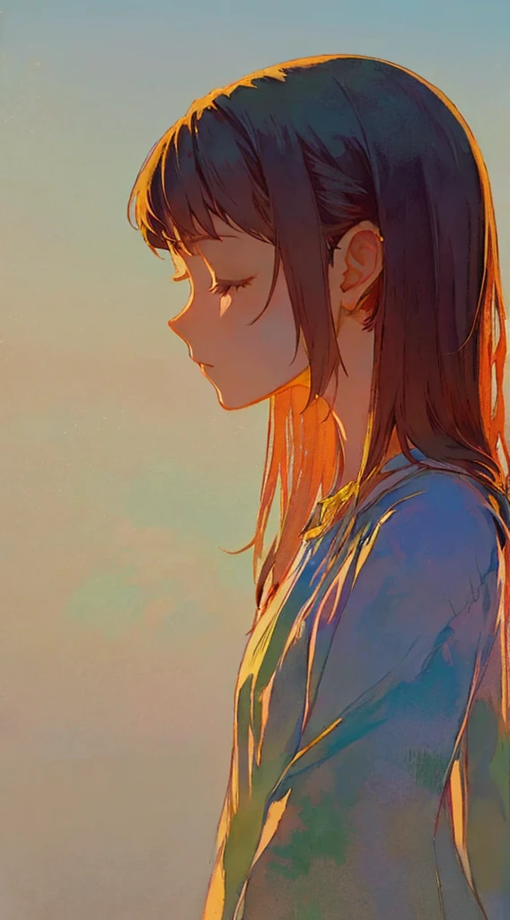 watercolor paiting、Pale shades、Beautiful colors、parfect anatomy、cowboy  shot、Girl Closing Her Eyes、Cute  s、profile