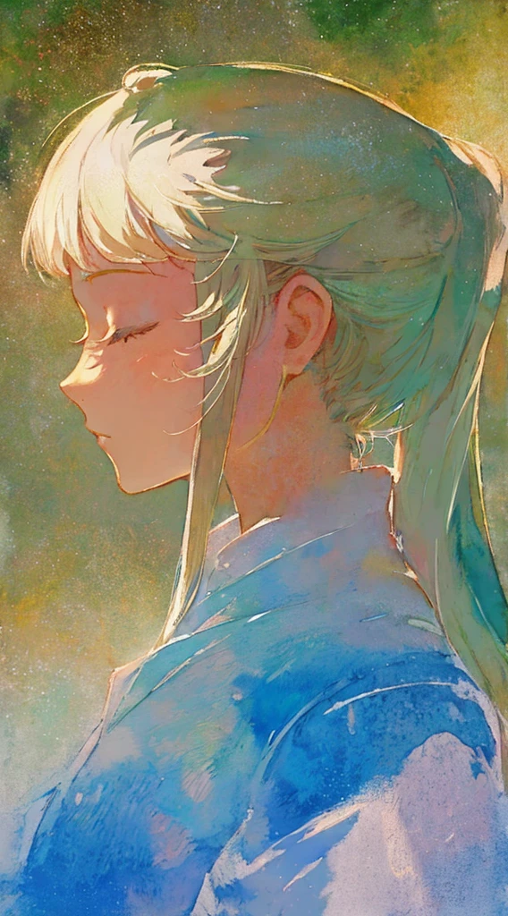 watercolor paiting、Pale shades、Beautiful colors、parfect anatomy、cowboy shot、Girl Closing Her Eyes、Cute s、profile