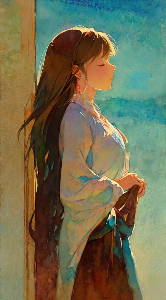 watercolor paiting、Pale shades、Beautiful colors、parfect anatomy、cowboy  shot、Girl Closing Her Eyes、Cute  s、profile