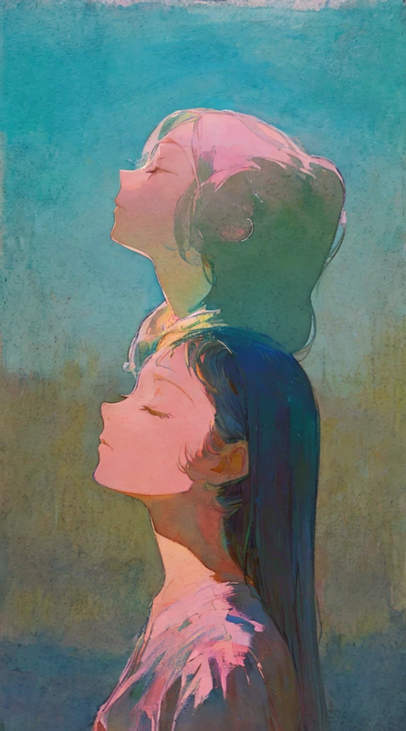 watercolor paiting、Pale shades、Beautiful colors、parfect anatomy、cowboy  shot、Girl Closing Her Eyes、Cute  s、profile