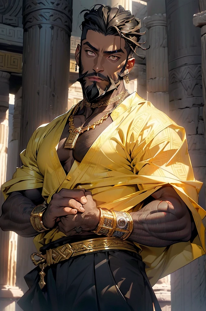 (man:1.5),1 man,male, muscle, 1boy, muscle, pectoral, muscular, Mature man,45 year,1 man,macho man,perfect body,an extremely delicate and beautiful detailed face,((crop haircut,:1.5,undercut:1.5,black hair)),(((black very short beard, black very short beard,nice beard style,barbershop style beard))), (((gold_eyes:1.3))),intricate eyes,beautiful detailed eyes,symmetrical eyes,perfect face, nice hair style,perfect proportions, thicc, ((detailed face)),macho man,
(male african prince),prince,
powerful,heroic,nsfw,
(((dark skin:1.5))),black skin:1.35,dark skin:1.3,ebony skin,
smile,expressive eyes,
((african,black race,african traits,african race)),elegant,
(open toga, arab fashion,arab toga, jeans,white shirt, masculine features, modern style,arab clothes),(((dark yellow toga, dark yellow toga outfit, wearing a dark yellow toga:1.3,arab dark yellow toga))),(arab jewelry,intricate necklace),((bulge in pants)),(((intricate outfit,intricate clothes,ornate outfit))),
(dynamic pose:1.0),embarrassed,(centered,scale to fit dimensions,Rule of thirds),
inside,indoor,((room in a greek temple:1.3,columns of a greek temple:1.3)),scenery:1.25,((intricate scenery)),((winter decorations)),
(Glossy winter ornaments),highres,sharp focus,(ultra detailed,extremely detailed),(photorealistic artwork:1.37),(extremely detailed CG unity 8k wallpaper),(((vibrant colors,vibrant theme))),(intricate),(masterpiece),(best quality),