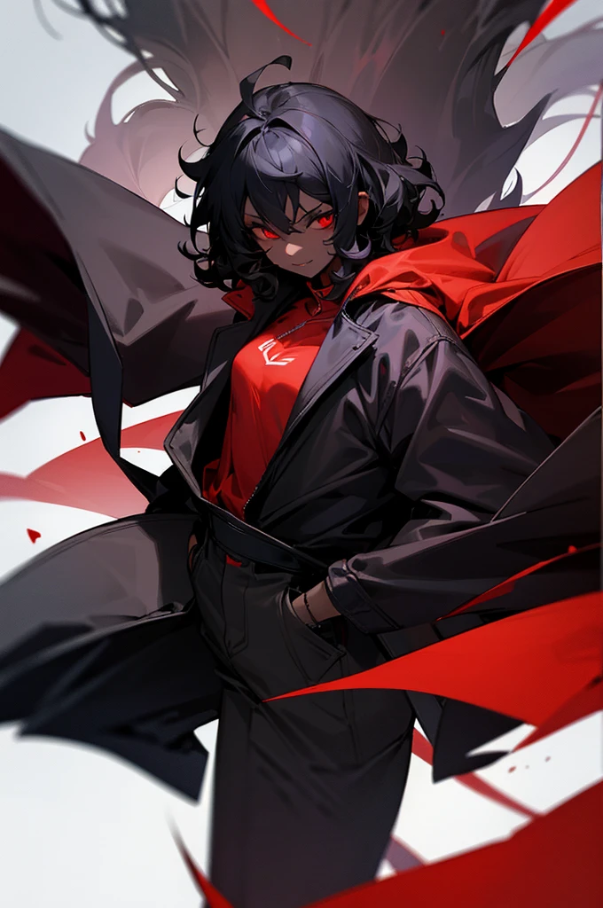 female, black skin,curly black hair, red eyes, vampire, jacket, black skin tone