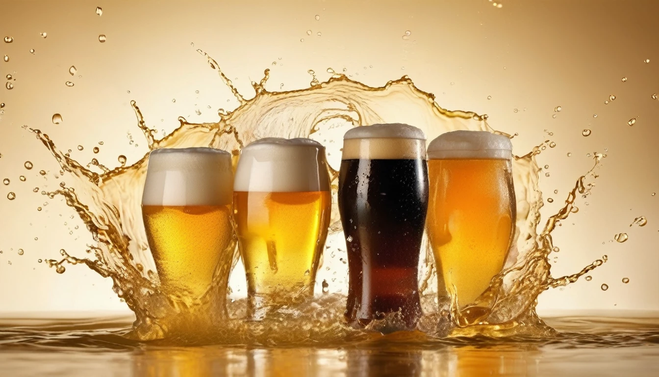 a picture of a craft beer, beer splashing in the elegant cream color background like in a commercial, everything in focus
