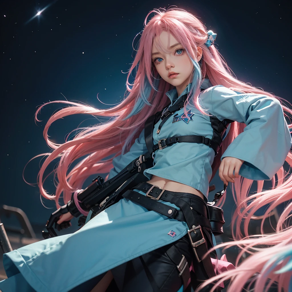 a girl with long blue and pink hair , and blue eyes with stars as pupils, a reference to oshinoko&#39;s eyes. ,accompanied by a purple fox 