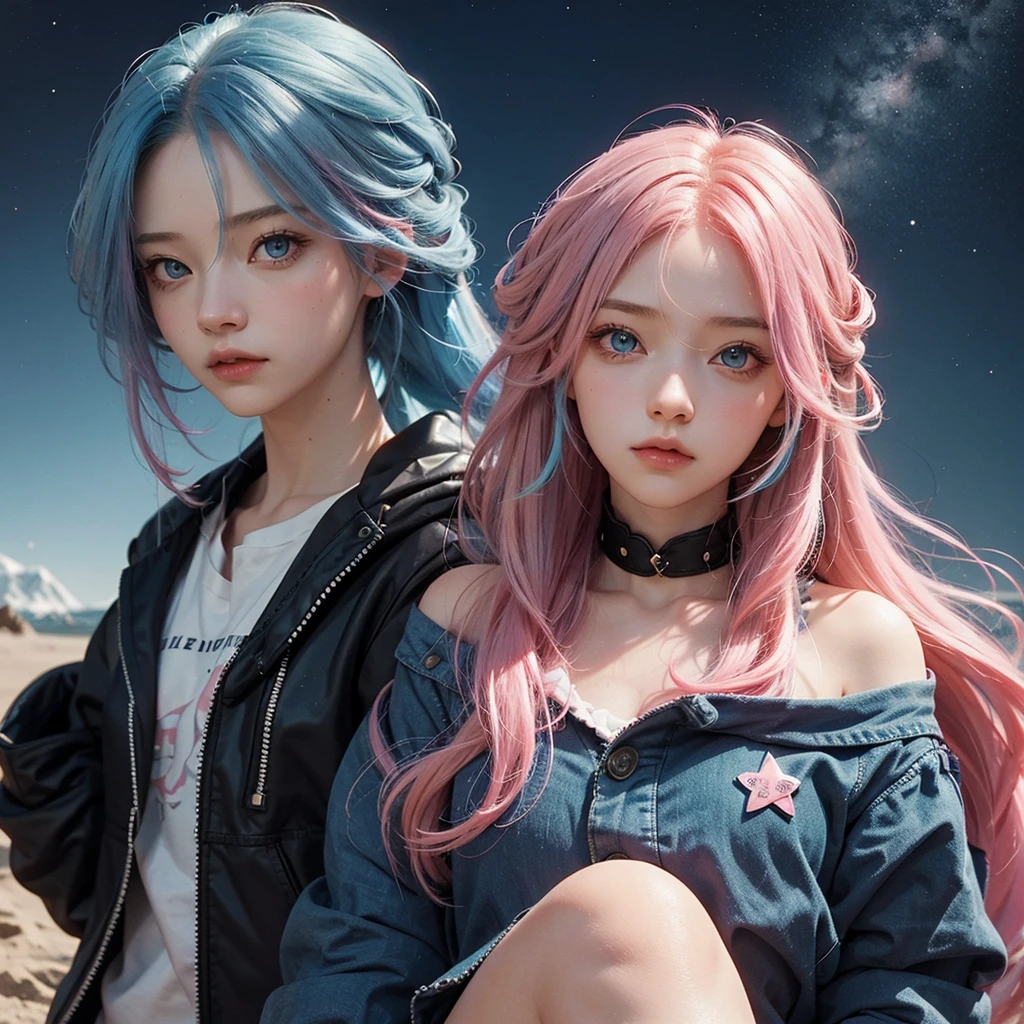a girl with long blue and pink hair , and blue eyes with stars as pupils, a reference to oshinoko&#39;s eyes. ,accompanied by a purple fox 