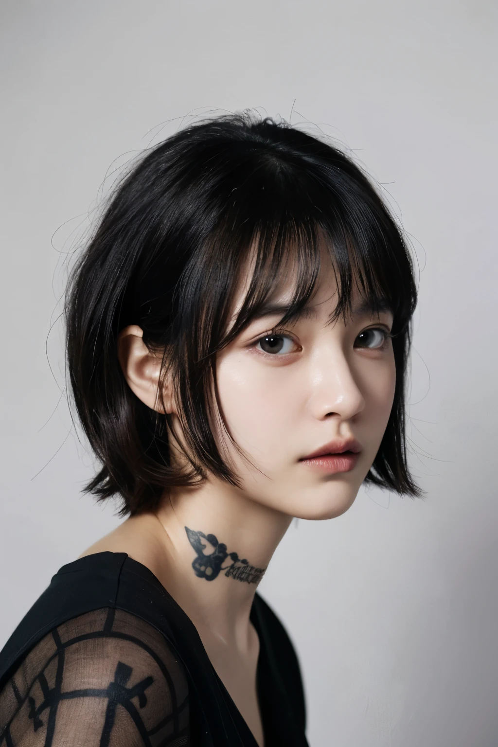 pixie bob, pale, beautiful, dark eyebags, tired expression, tattooed, dark clothes, sharp nose