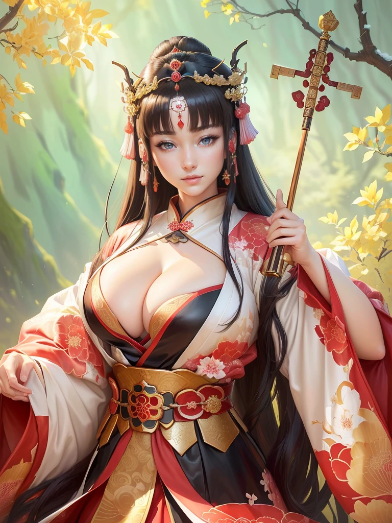 a woman in a kimono outfit playing a cello, a beautiful fantasy empress, japanese goddess, ancient chinese goddess, ancient chinese princess, inspired by Lan Ying, ((a beautiful fantasy empress)), beautiful character painting, inspired by Du Qiong, inspired by Qiu Ying, inspired by Ju Lian, onmyoji portrait, she is holding a long staff, , Highly detailed CG unit 8k wallpaper, masterpiece, High resolution, highest quality, highest quality real texture skin, Super Real, Digital Painting, Best image quality, 最High resolution, 8k, (((Highly detailed eyes and face, Beautiful eyes every detail))), disproportionate breasts, huge breasts, sagging breasts, gigantic breasts, clevage, black hair, smile, 