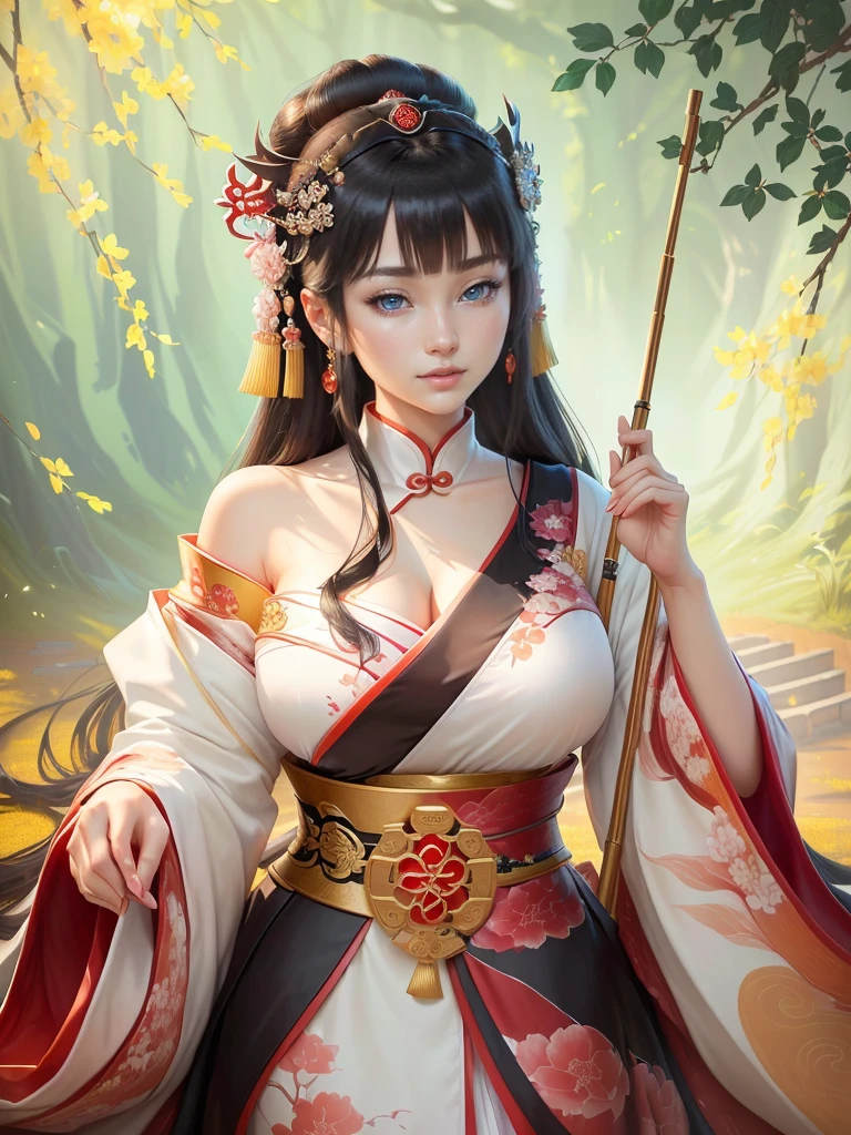 a woman in a kimono outfit playing a cello, a beautiful fantasy empress, japanese goddess, ancient chinese goddess, ancient chinese princess, inspired by Lan Ying, ((a beautiful fantasy empress)), beautiful character painting, inspired by Du Qiong, inspired by Qiu Ying, inspired by Ju Lian, onmyoji portrait, she is holding a long staff, , Highly detailed CG unit 8k wallpaper, masterpiece, High resolution, highest quality, highest quality real texture skin, Super Real, Digital Painting, Best image quality, 最High resolution, 8k, (((Highly detailed eyes and face, Beautiful eyes every detail))), disproportionate breasts, huge breasts, sagging breasts, gigantic breasts, clevage, black hair, smile,