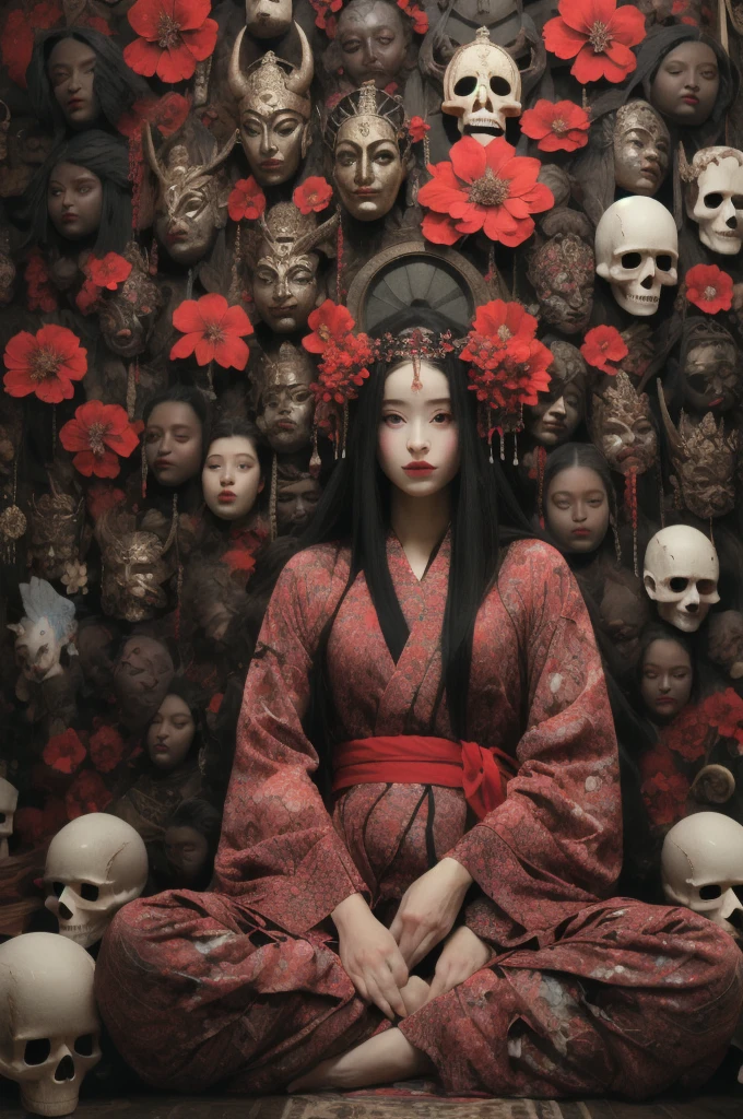 (masterpiece:1.2), Highest quality,
One girl, (((Spread your legs and show your vagina)))、Cross-legged、flower, Straight black hair, Red eyes, hair ornaments, hair flower, mask, View your viewers, red flower, Long sleeve, Are standing, red dress, Holding, Wide sleeves, dress, with own hands, horn, skull, short hair, kimono, Robe
 