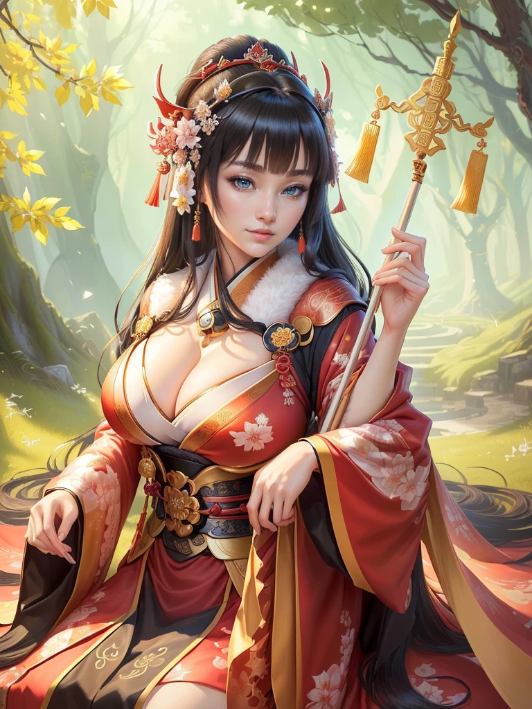 a woman in a kimono outfit playing a cello, a beautiful fantasy empress, japanese goddess, ancient chinese goddess, ancient chinese princess, inspired by Lan Ying, ((a beautiful fantasy empress)), beautiful character painting, inspired by Du Qiong, inspired by Qiu Ying, inspired by Ju Lian, onmyoji portrait, she is holding a long staff, , Highly detailed CG unit 8k wallpaper, masterpiece, High resolution, highest quality, highest quality real texture skin, Super Real, Digital Painting, Best image quality, 最High resolution, 8k, (((Highly detailed eyes and face, Beautiful eyes every detail))), disproportionate breasts, huge breasts, sagging breasts, gigantic breasts, clevage, black hair, smile,