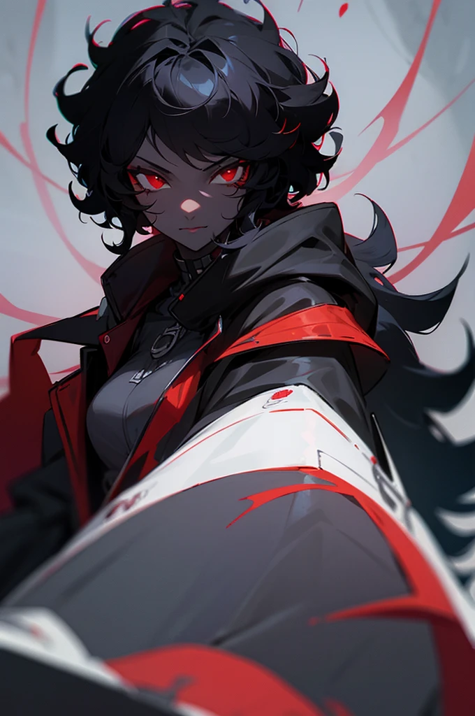 female, black skin,curly black hair, red eyes, vampire, jacket, black skin tone
