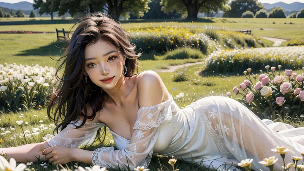 top-quality、masterpiece、超A high resolution、(Photorealsitic:1.4)、Raw foto、(Authentic skin texture:1.3)、(film grains:1.3)、the panorama、Character Portrait、Very Wide Shot、narrow waists、bokeh effects、A smile、1girl in、beautiful detailed eyes and face、Brown-eyed、blue-sky、The background is a sunflower field、Sunflower earrings、Sunflower dress、Eyes are on the viewer、Looking at the camera、Shy laughter、A smile、Kiss Face、Angle from above the knee、Breasts are small and B size、A slender、Cleavage is visible。Paws are thin and beautiful,the skin is white and transparent,Hair is short and short cut、Gradient Color、high-heels、Gold Anklet、