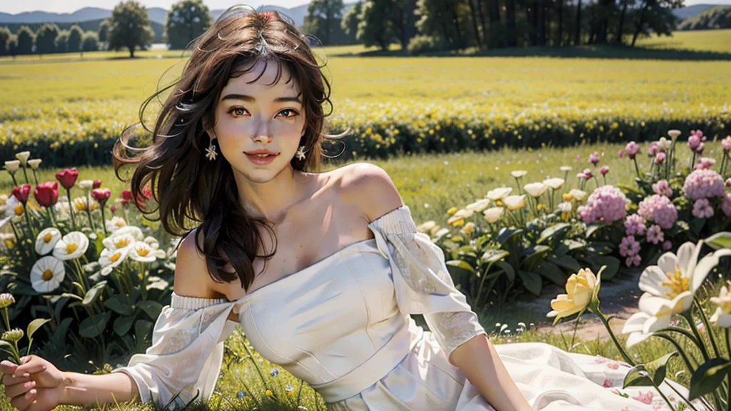 best quality, Masterpiece, Ultra high resolution, (realistic:1.4), raw photos, 1 girl, white dress, off shoulder, Field of blooming flowers, Glowing skin, Smiling softly ((bare))