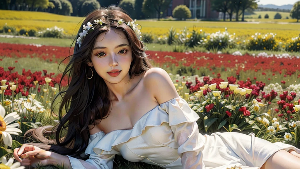best quality, Masterpiece, Ultra high resolution, (realistic:1.4), raw photos, 1 girl, white dress, off shoulder, Field of blooming flowers, Glowing skin, Smiling softly ((bare))