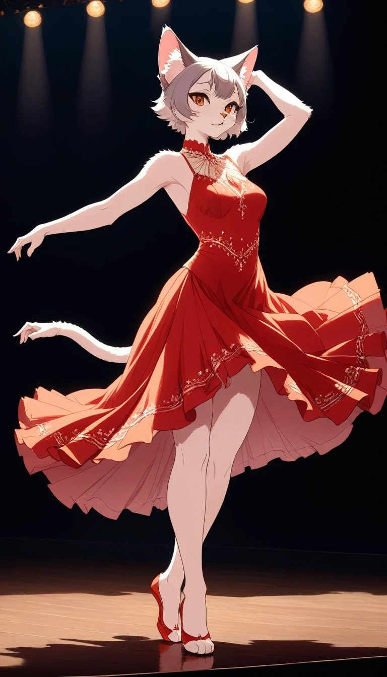 ((Masterpiece)), ((Best Quality)), (Very Detailed), ((Very Detailed)), 4K, (8K), very aesthetic, absurdres highres, 1 girl, (anthropomorphic cat, furry, kemono:1.5), Flamenco dancers in red dresses dance passionately on stage. Sweat glistens on her body, and her movements are both supple and powerful. A spotlight shines on the dark background, bringing out the silhouettes of the audience. Warm colors and dramatic shadows emphasize the dancers' passion and tension. The movement of the dress adds dynamism and sharp concentration can be seen in the dancers' eye,