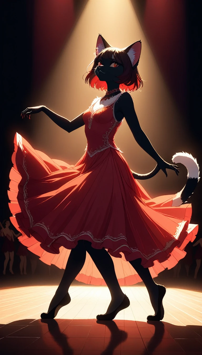 ((Masterpiece)), ((Best Quality)), (Very Detailed), ((Very Detailed)), 4K, (8K), very aesthetic, absurdres highres, 1 girl, (anthropomorphic cat, furry, kemono:1.5), Flamenco dancers in red dresses dance passionately on stage. Sweat glistens on her body, and her movements are both supple and powerful. A spotlight shines on the dark background, bringing out the silhouettes of the audience. Warm colors and dramatic shadows emphasize the dancers' passion and tension. The movement of the dress adds dynamism and sharp concentration can be seen in the dancers' eye,