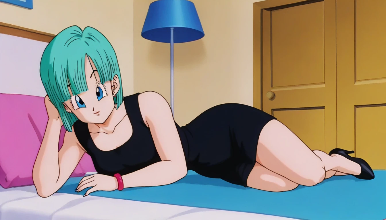source_anime, score_9, score_8_up, score_7_up, anime screencap, bulma, short hair, aqua hair, bob cut, bangs, blue eyes, 1girl, solo, 8k, absurd res, smile, lying on side, head tilt, collarbone, one hand on hip, ballroom, pink couch, indoors, short black dress, sleeveless, high heels,