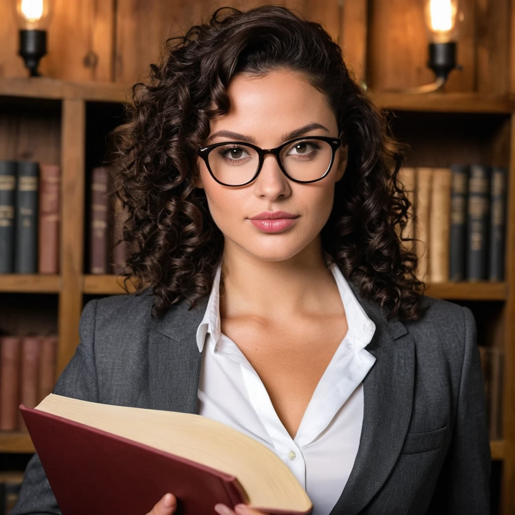 beautiful brazilian, (((round face shape with soft features, prominent cheekbones, delicate jaw, slightly rounded chin, medium forehead with natural, wavy hairline))), (((black hair color, ((小柄)) ((curlies)) with volume))), natural, full eyebrows. (((Formal and imposing poses, standing, with one hand holding a black hardcover law book and the other adjusting a pair of glasses, serious and authoritative expression, look straight at the camera))). (((medium shot, showing the character from the waist up, rustic background with dark wooden bookshelves and old books in a classic law office))). highy detailed, age 25, (((large, expressive eyes in dark brown color and tone))). (((Long nose at base, gently curved bridge, rounded nostrils in harmony with the face))). plump, well-defined lips, with volume natural, dark pink tone. high resolution, work of art. Pele realista Fitzpatrick V, with a natural golden tan, some soft freckles on the cheeks and nose. curvy and athletic body, typical of Brazilian women. ((Wearing a classic dark gray suit with a white button-down blouse, combining a formal and rustic environment)). Excellent quality, extremely detaild, sharp focus, ((shooting with Nikon Z7 II, lente NIKKOR Z 85mm f/1.8 S)), Proportionate Body, fotorrealism, fot (film grain) (((Studio lighting with soft, direct light, highlighting the texture and details of the rustic environment))) Em primeiro plano