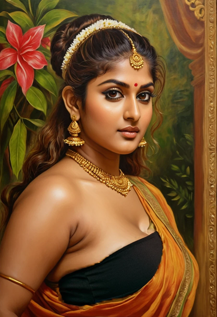 photo portrait of a beautiful girl 30 years old Woman, Topless, (detailed nude breasts), (tight round big boobs), curvy hot mommy figure, fleshy figure, feminine curve, with curls, styled black hair, (face portrait:1.5), dramatic light, Rembrandt lighting scheme, bust shot, linen tank top , top quality editorial photograph, skin texture, skin pores, chocolate skin, high quality skin, top quality photography, professional photography, professional retouching, insane detailing, warm moody tones, modern clothes