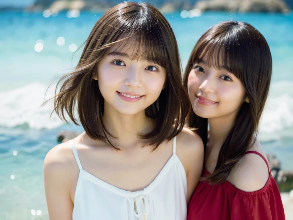 Yacht、Beach、17-year-old girl、smile、cute、、((No makeup))、(Realistic、Photorealistic、Ultra-detailed、Best detailed skin、Highest quality、masterpiece、超A high resolution)、Cute Japanese Woman、16 years old、High school girl、Young girl、1 girl、Has bangs、double eyelid、Drooling eyes、Big black eyes、attractive、purity、cute smile、Natural smile、Watch it here、realistic skin type、Fluffy hair、Red cheeks、The wind is blowing、illumination、The light is coming from behind、Medium Bob Cut、smile、smile

