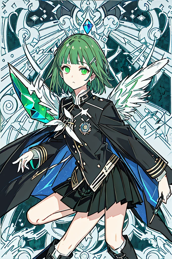 [(with a cathedral background:1.4)::5],original,(shape:1.1),(highest quality),(Tabletop:1.1),(Highly detailed CG Unity 8k wallpaper:1.1), (colorful:0.9),(Mid Shot:0.95),(very detailed beautiful whole body),Dynamic Angle,(alone:1.2), (girl),(((Adult))), (Beautiful eyes in every detail:1.15), (Beautiful Face:1.15), (Glowing green eyes:1.25////),(Gemstone Eyes),(Green Short Hair),(Blunt bangs),((The girl wear a black knight uniform)),Realistic,, girl,Green Hair,((Black long boots)), Black mini skirt,Black knee socks(rage),(Contempt and contempt),rage,(beautiful slender girl),((Adult)),((upper body)),Valkyrie, Decorations,((Thin legs)),((slender girl)),Front Angle,Front Angle,